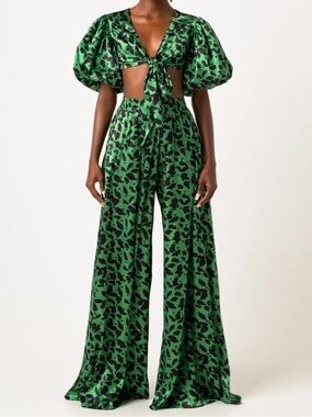 OFUURE Green and Black Printed Wide-Leg Flowy Pants